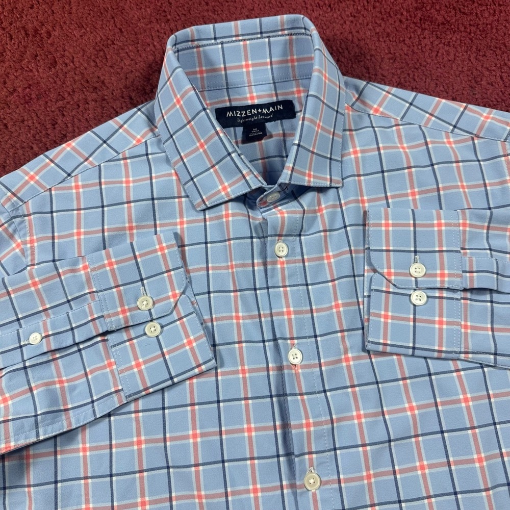 Mizzen+Main Dress Shirt Mens Medium Blue Gingham Lightweight Leeward Trim NWOT